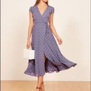 Reformation midi purple polka dot dress